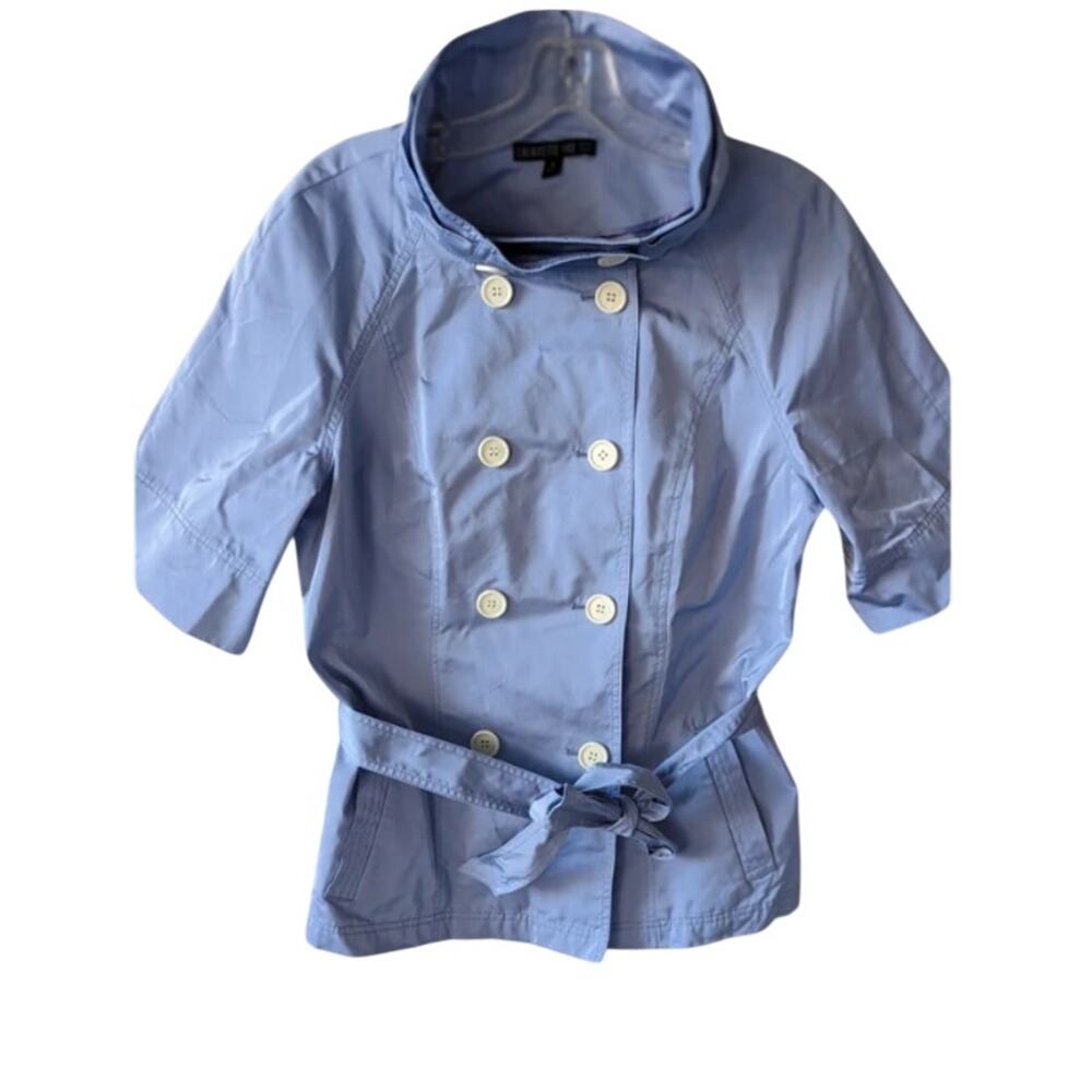Lafayette 148 short-sleeve double-breasted belted jacket, light peri/dusty blue.